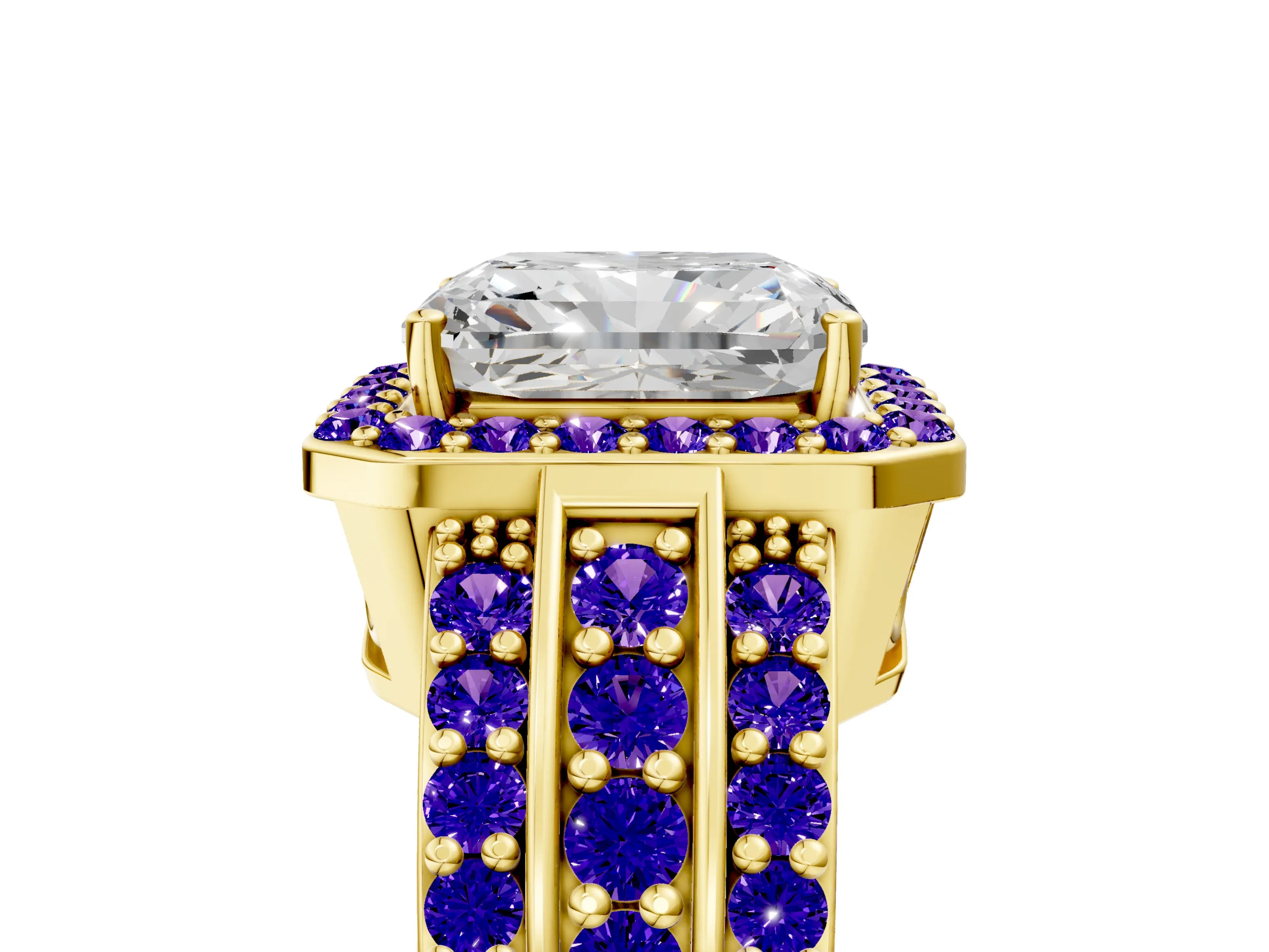 Yellow gold Radiant Cut Halo Diamond Ring with Round with Tanzanite side stone Split Shank and Prong Setting_5