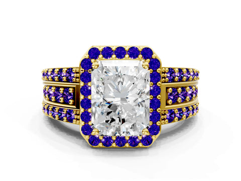 Yellow gold Radiant Cut Halo Diamond Ring with Round with Tanzanite side stone Split Shank and Prong Setting