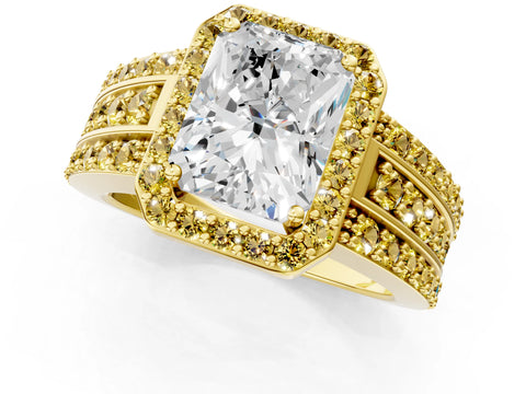 Yellow gold Radiant Cut Halo Diamond Ring with Round with Yellow Sapphire side stone Split Shank and Prong Setting_1