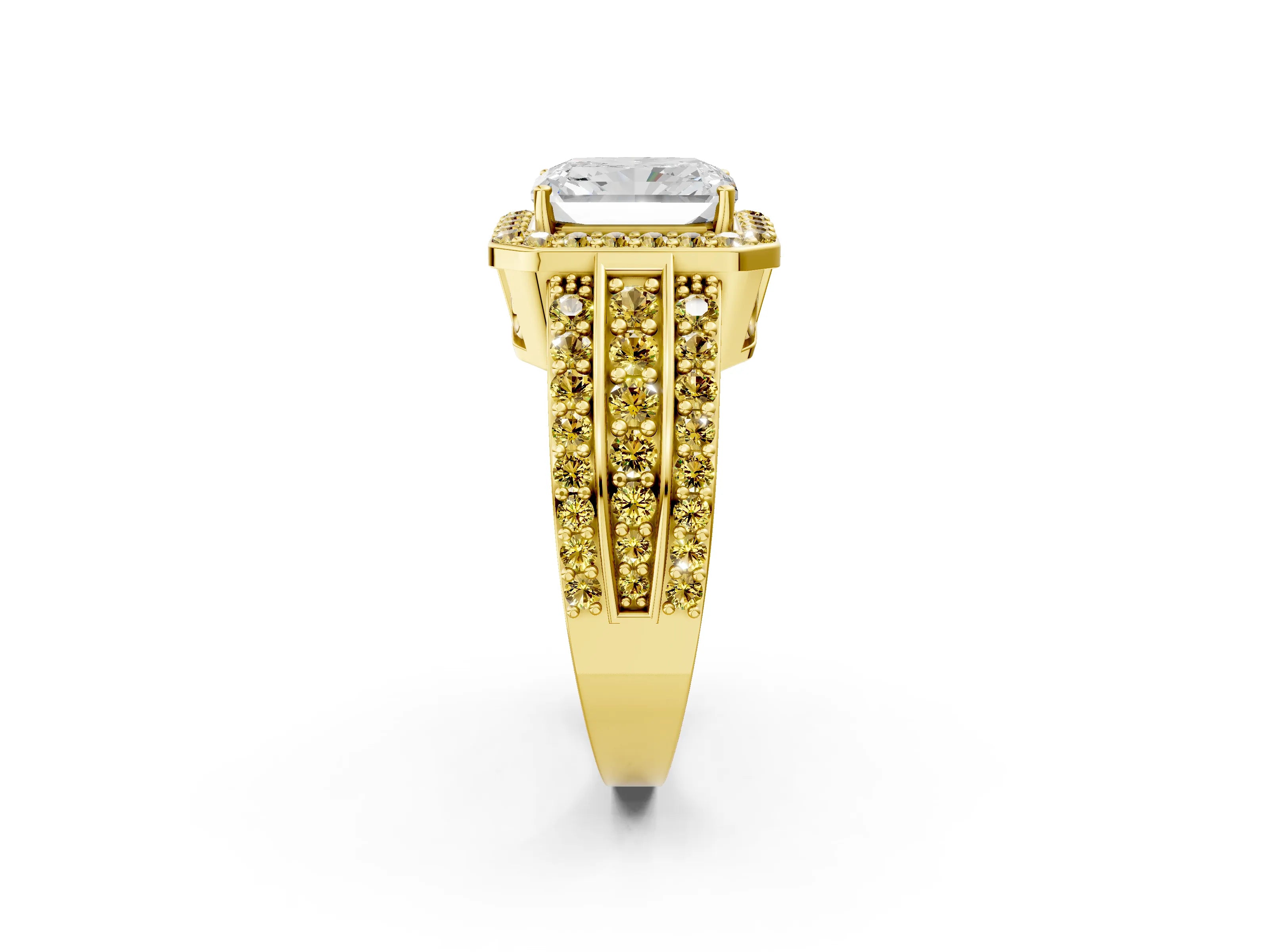 Yellow gold Radiant Cut Halo Diamond Ring with Round with Yellow Sapphire side stone Split Shank and Prong Setting_2