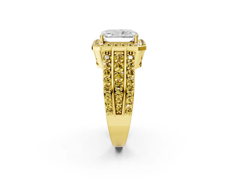 Yellow gold Radiant Cut Halo Diamond Ring with Round with Yellow Sapphire side stone Split Shank and Prong Setting_2