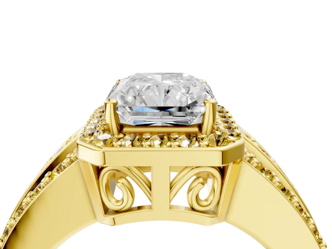 Yellow gold Radiant Cut Halo Diamond Ring with Round with Yellow Sapphire side stone Split Shank and Prong Setting_4