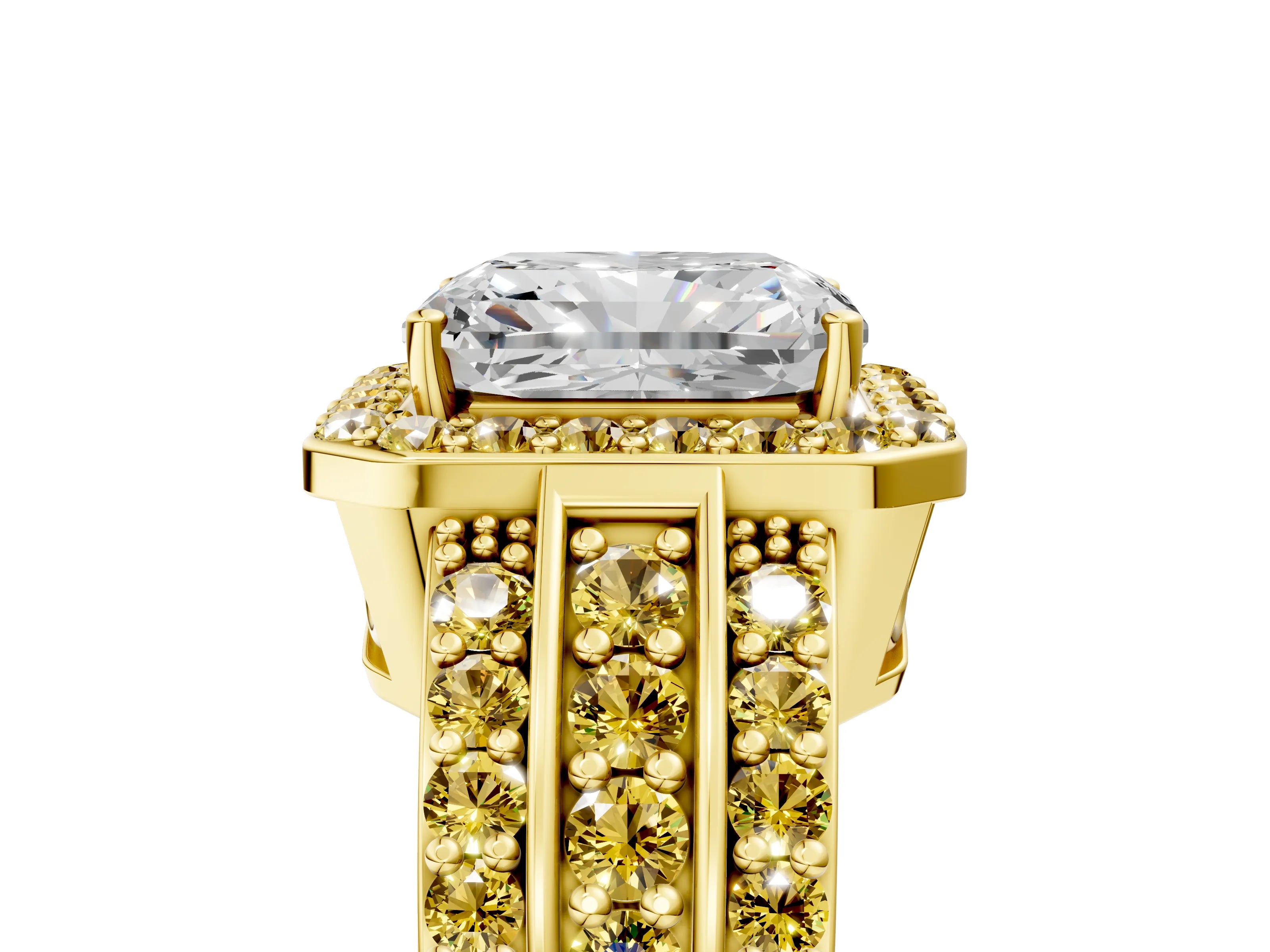 Yellow gold Radiant Cut Halo Diamond Ring with Round with Yellow Sapphire side stone Split Shank and Prong Setting_5