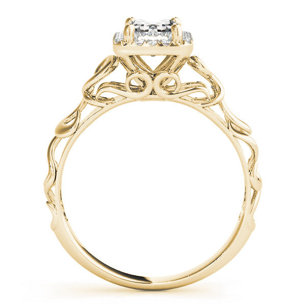 Yellow gold Radiant Cut Halo Diamond Ring with Scrollwork Band and Four-Prong Setting 1