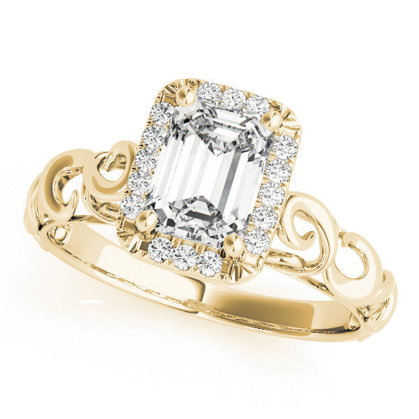 Yellow gold Radiant Cut Halo Diamond Ring with Scrollwork Band and Four-Prong Setting 2
