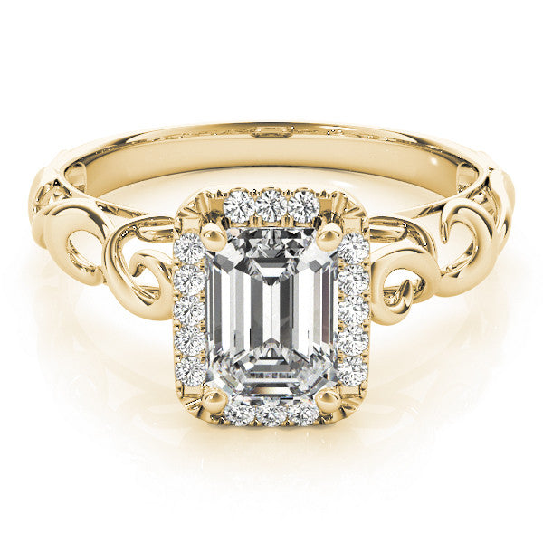 Yellow gold Radiant Cut Halo Diamond Ring with Scrollwork Band and Four-Prong Setting