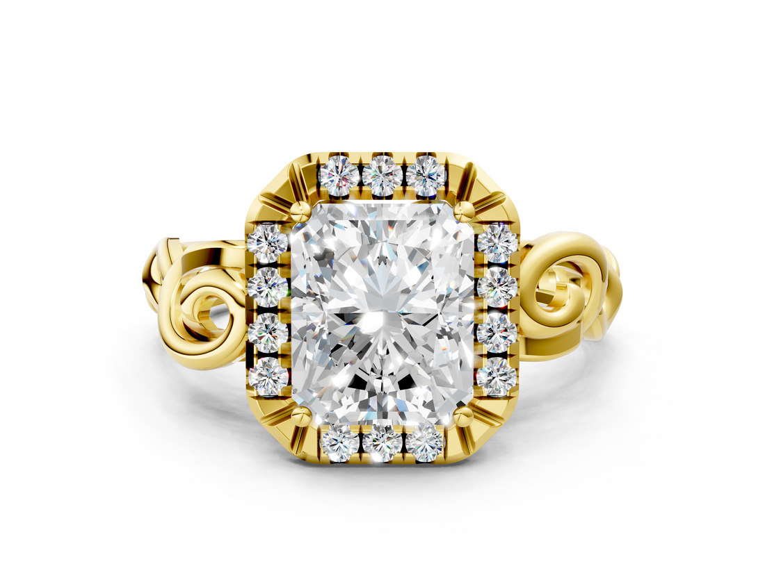 Yellow gold Radiant Cut Halo Diamond Ring with Scrollwork Band and Four-Prong Setting_70
