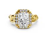 Yellow gold Radiant Cut Halo Diamond Ring with Scrollwork Band and Four-Prong Setting_70