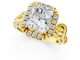 Yellow gold Radiant Cut Halo Diamond Ring with Scrollwork Band and Four-Prong Setting_71