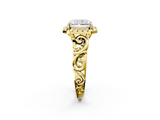 Yellow gold Radiant Cut Halo Diamond Ring with Scrollwork Band and Four-Prong Setting_72