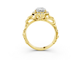 Yellow gold Radiant Cut Halo Diamond Ring with Scrollwork Band and Four-Prong Setting_73