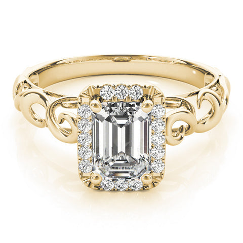 Yellow gold Radiant Cut Halo Diamond Ring with Scrollwork Band and Four-Prong Setting