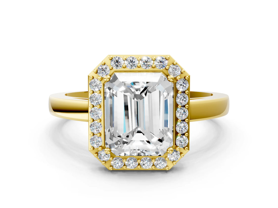 Yellow gold Radiant Cut Halo Diamond Ring with Solitaire Band and Prong Setting_13