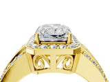 Yellow gold Radiant Cut Halo Diamond Ring with Split Shank and Four-Prong Setting_219