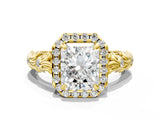 Yellow gold Radiant Cut Halo Diamond Solitaire with Filigree Band and Four-Prong Setting_7