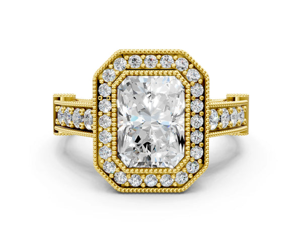 Yellow Gold Radiant Cut Vintage Bezel Halo Engagement Ring Setting