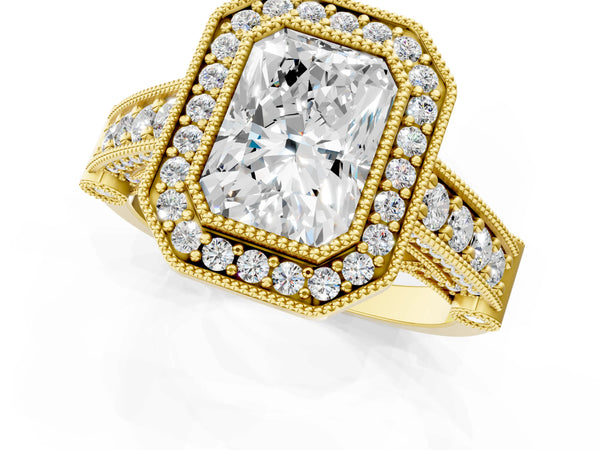 Yellow Gold Radiant Cut Vintage Bezel Halo Engagement Ring Setting