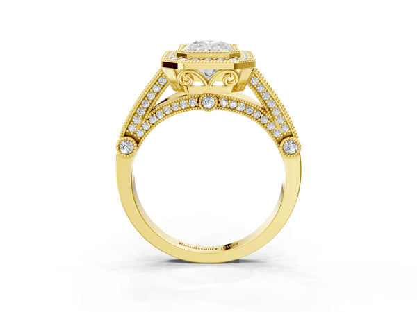 Yellow Gold Radiant Cut Vintage Bezel Halo Engagement Ring Setting