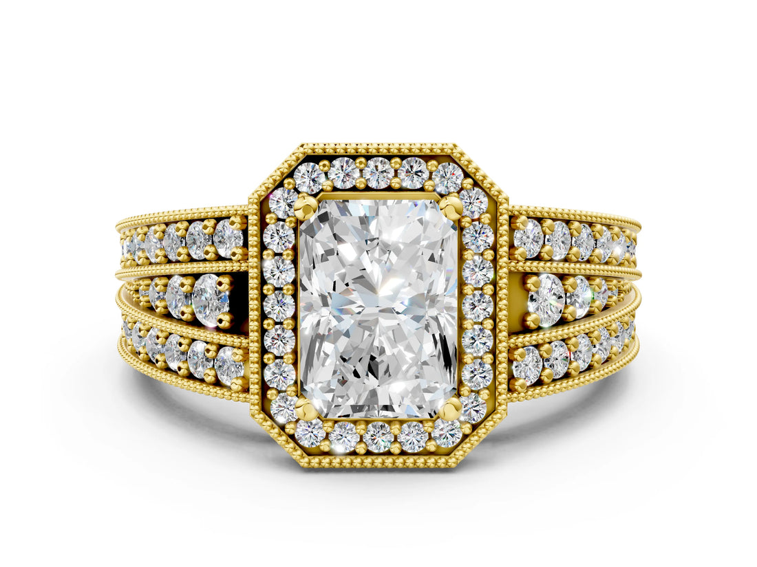 Yellow gold Radiant Cut Halo Diamond Split Shank Ring with Prong Setting_15