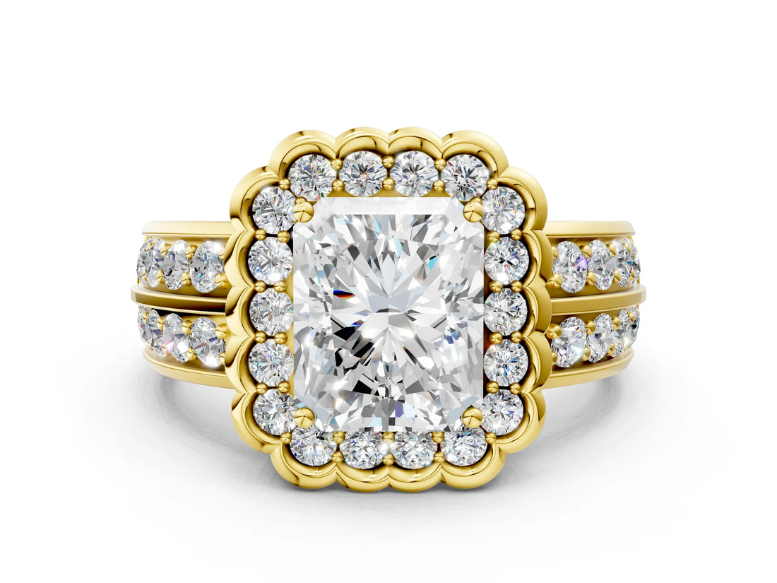 Yellow gold Radiant Cut Halo Diamond Split Shank Ring with Scalloped Prong Setting_3