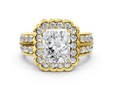 Yellow gold Radiant Cut Halo Diamond Split Shank Ring with Scalloped Prong Setting_3