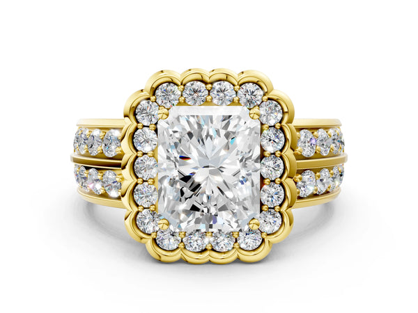 Yellow gold Radiant Cut Halo Diamond Split Shank Ring with Scalloped Prong Setting