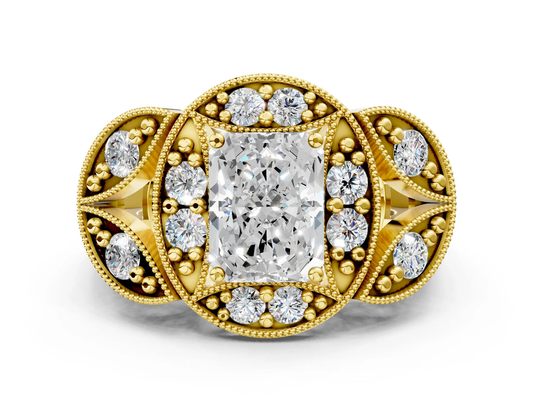 Yellow gold Radiant Cut Halo Milgrain Diamond Engagement Ring with Leaf Band and Four-Prong Setting_3