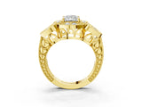 Yellow gold Radiant Cut Halo Milgrain Diamond Engagement Ring with Leaf Band and Four-Prong Setting_6