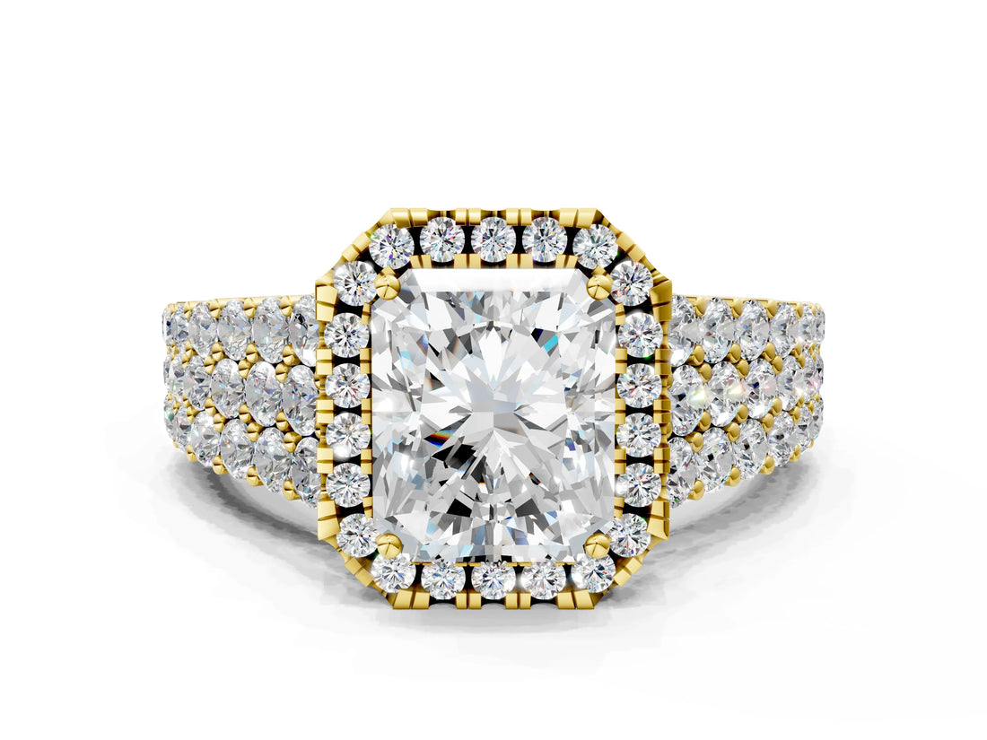 Yellow gold Radiant Cut Halo Pavé Diamond Engagement Ring with Split Shank and Four-Prong Setting_3