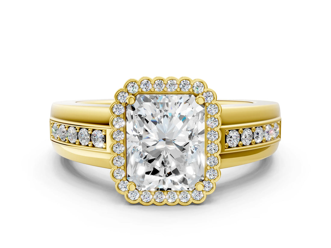 Yellow gold Radiant Cut Halo Pave Band Four-Prong Ring_61