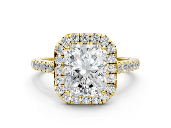 Yellow gold Radiant Cut Halo Pave Diamond Engagement Ring with Four-Prong Setting