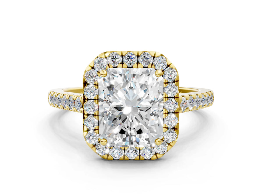 Yellow gold Radiant Cut Halo Pave Diamond Engagement Ring with Four-Prong Setting