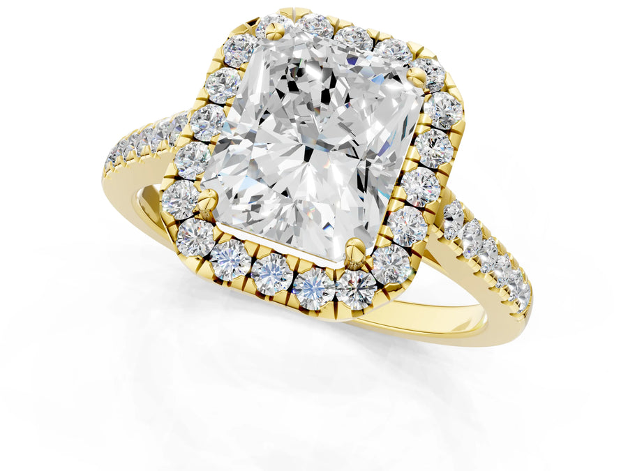 Yellow gold Radiant Cut Halo Pave Diamond Engagement Ring with Four-Prong Setting