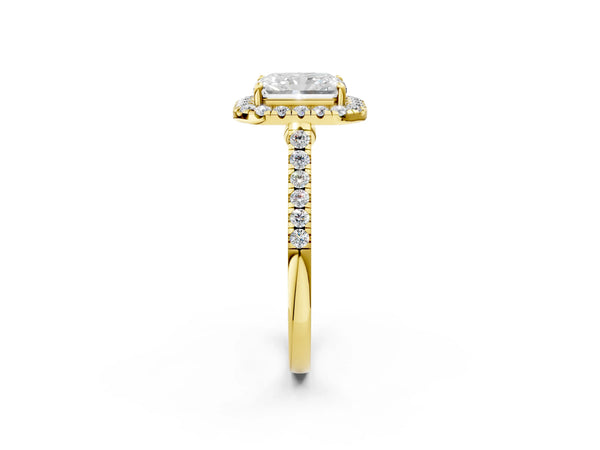 Yellow gold Radiant Cut Halo Pave Diamond Engagement Ring with Four-Prong Setting