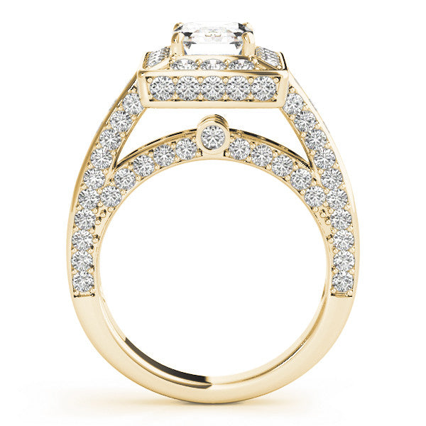 Yellow gold Radiant Cut Halo Pave Split Shank Prong Setting Ring