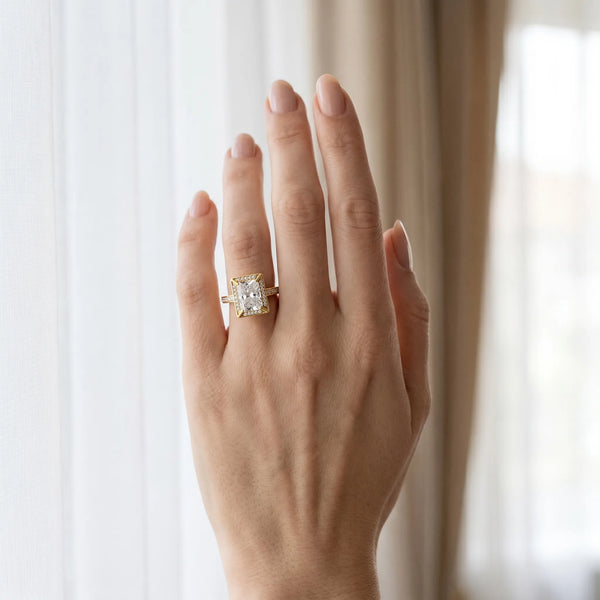 Yellow gold Radiant Cut Halo Pave Split Shank Prong Setting Ring