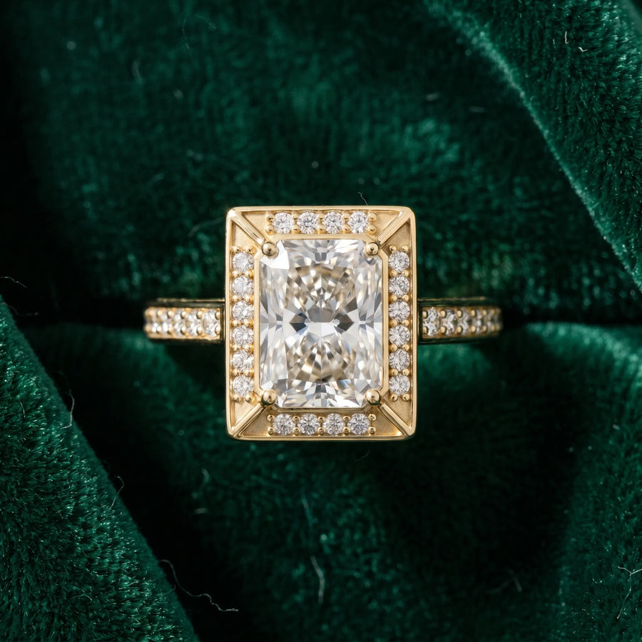 Yellow gold Radiant Cut Halo Pave Split Shank Prong Setting Ring