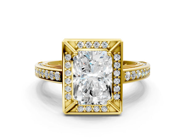 Yellow gold Radiant Cut Halo Pave Split Shank Prong Setting Ring