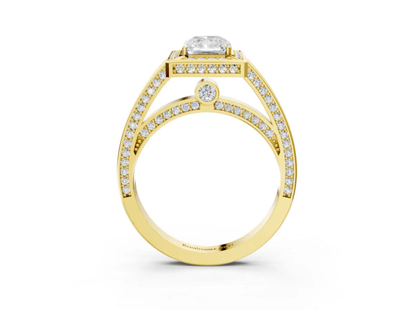 Yellow gold Radiant Cut Halo Pave Split Shank Prong Setting Ring