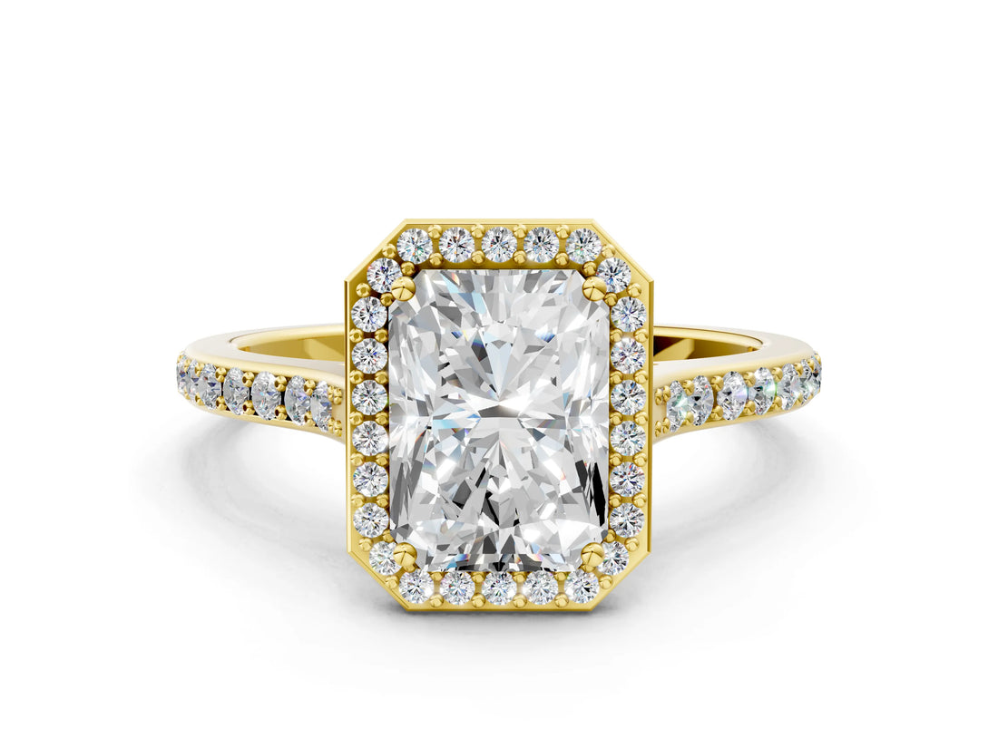 Yellow gold Radiant Cut Halo Round Diamond Pavé Band with Four-Prong Setting_3