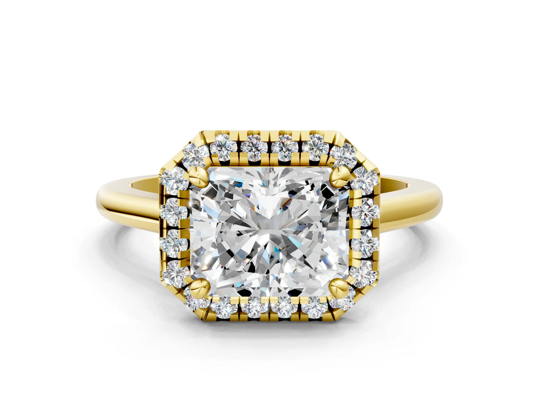 Yellow gold Radiant Cut Halo Round Diamond Solitaire Engagement Ring with Pave Band and Four-Prong Setting_15