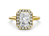 Yellow gold Radiant Cut Halo Round Diamond Solitaire Ring with Pavé Band and Four-Prong Setting