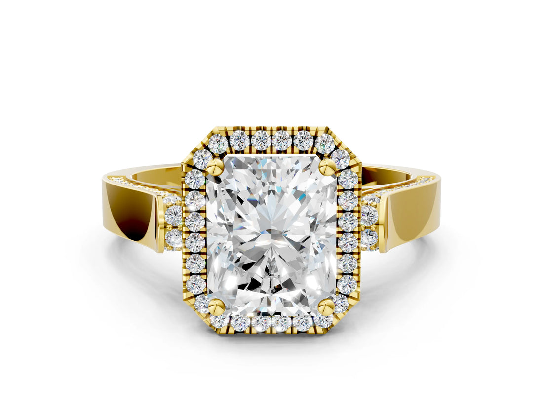 Yellow gold Radiant Cut Halo Round Diamond Twist Band with Four-Prong Setting_15