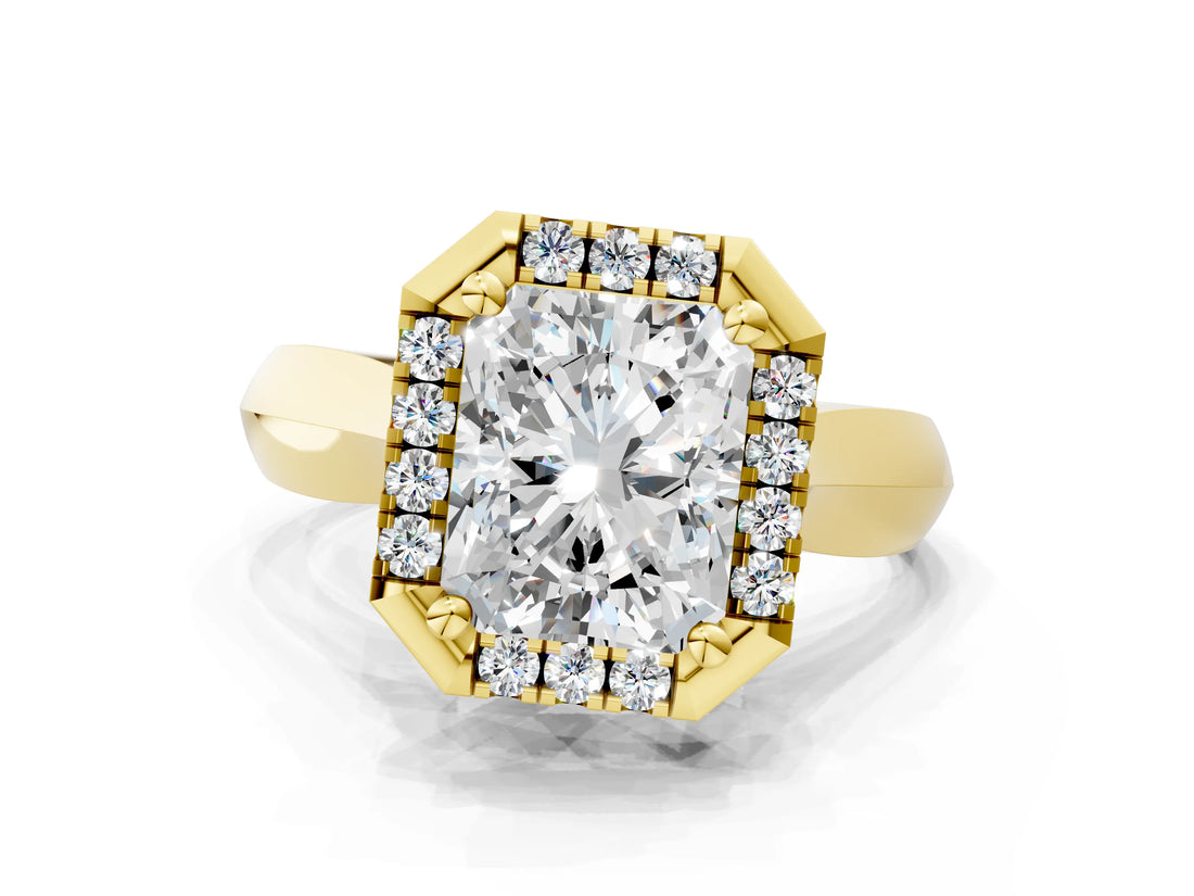 Yellow gold Radiant Cut Halo Solitaire Engagement Ring with Square Band and Four-Prong Setting_131