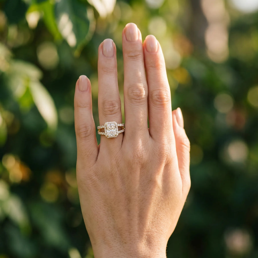 Yellow gold Radiant Cut Halo Split Shank Diamond Ring with Four-Prong Setting