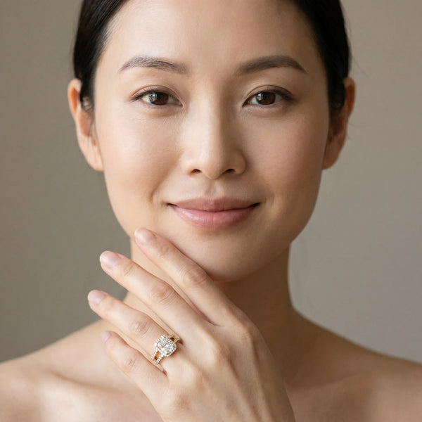 Yellow gold Radiant Cut Halo Split Shank Diamond Ring with Four-Prong Setting