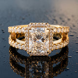 Yellow gold Radiant Cut Halo Split Shank Diamond Ring with Four-Prong Setting_15