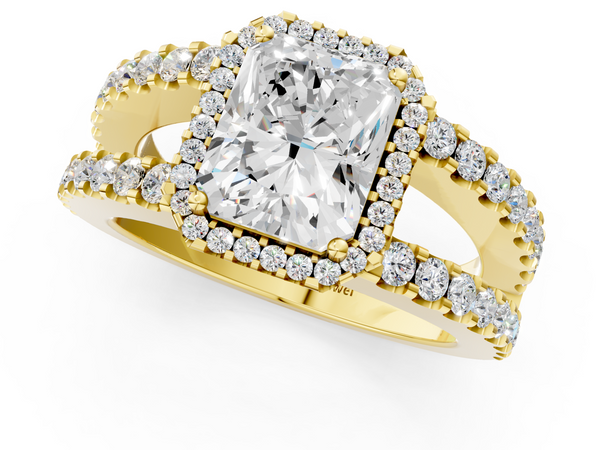 Yellow gold Radiant Cut Halo Split Shank Diamond Ring with Four-Prong Setting
