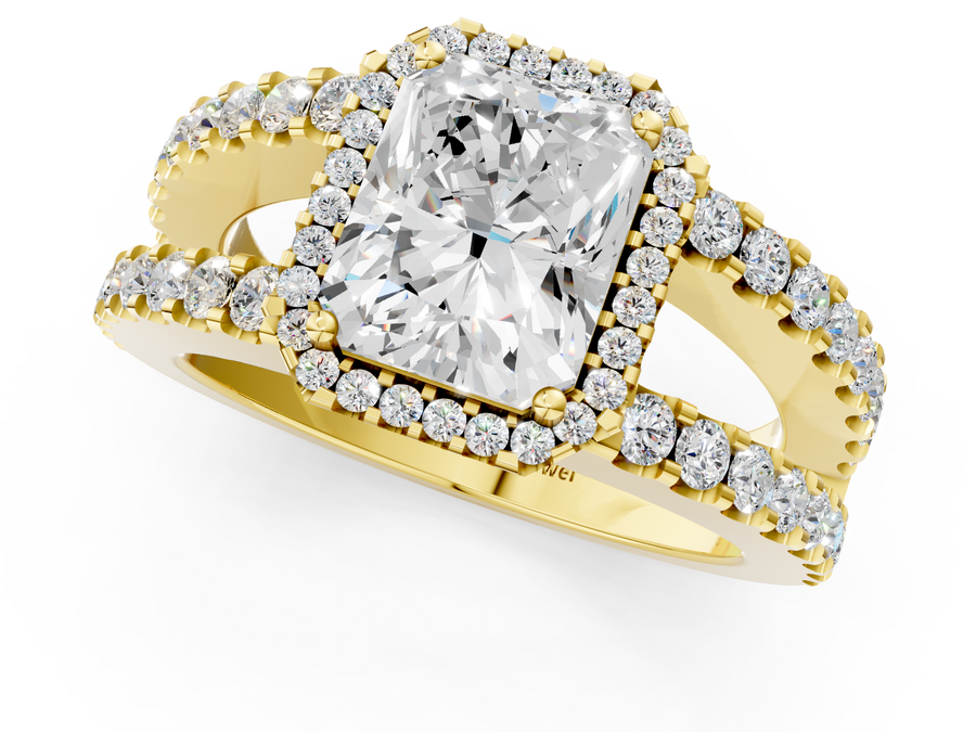 Yellow gold Radiant Cut Halo Split Shank Diamond Ring with Four-Prong Setting