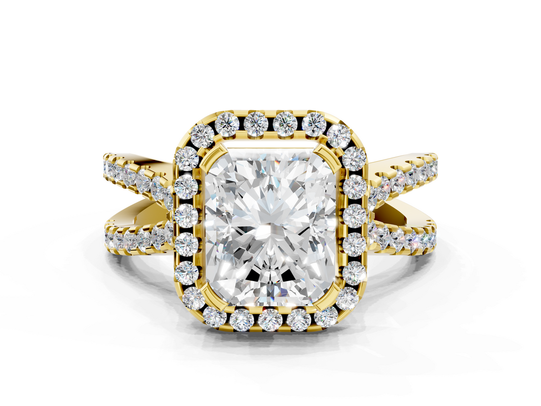 Yellow gold Radiant Cut Halo Split Shank Pave Set Ring_71